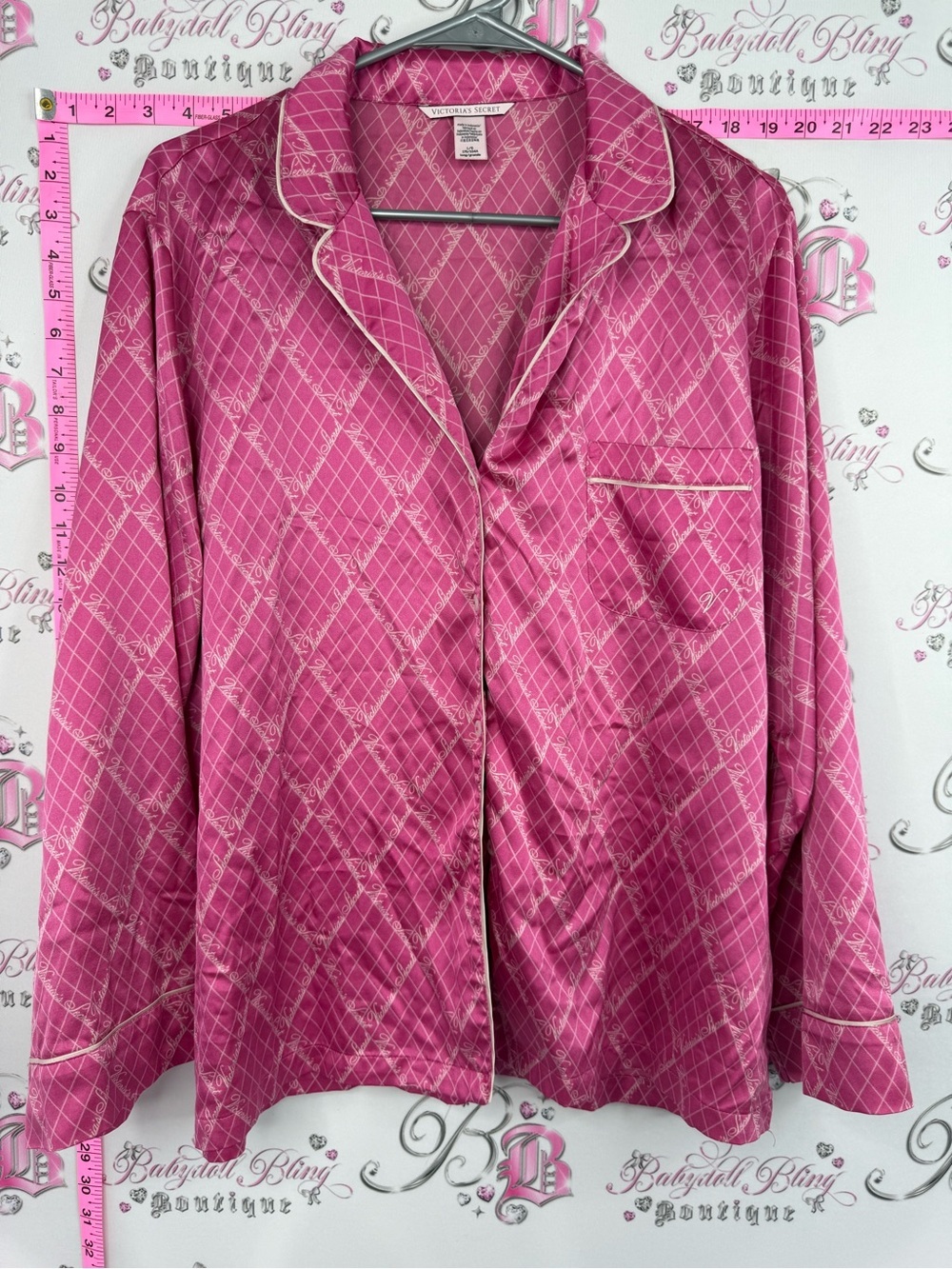 Victoria's Secret button up shirt shiny Pink Satin Diamond-Print Pajama Top